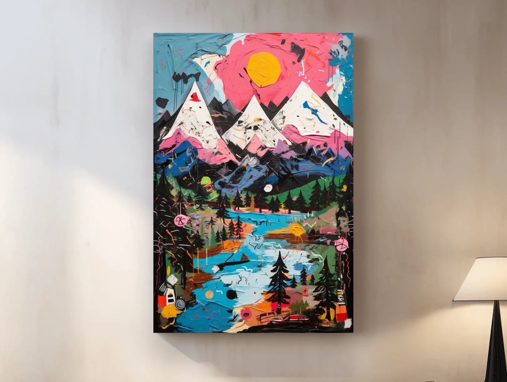 Vibrant Abstract Mountain Lake Sunset Painting - Colorful Modern Landscape Wall Art