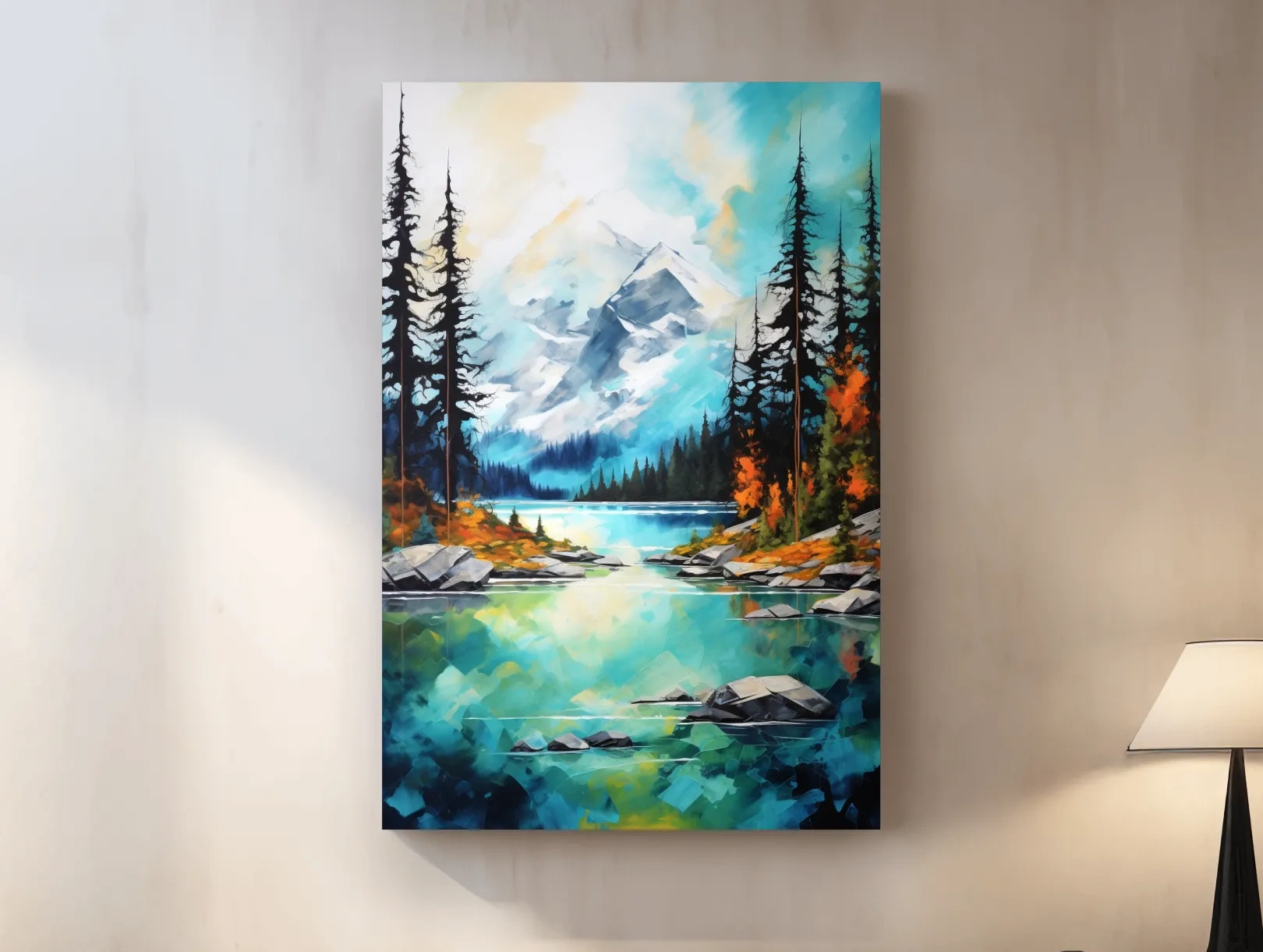 Turquoise Alpine Lake Mountain Painting - Colorful Watercolor Forest Wall Art