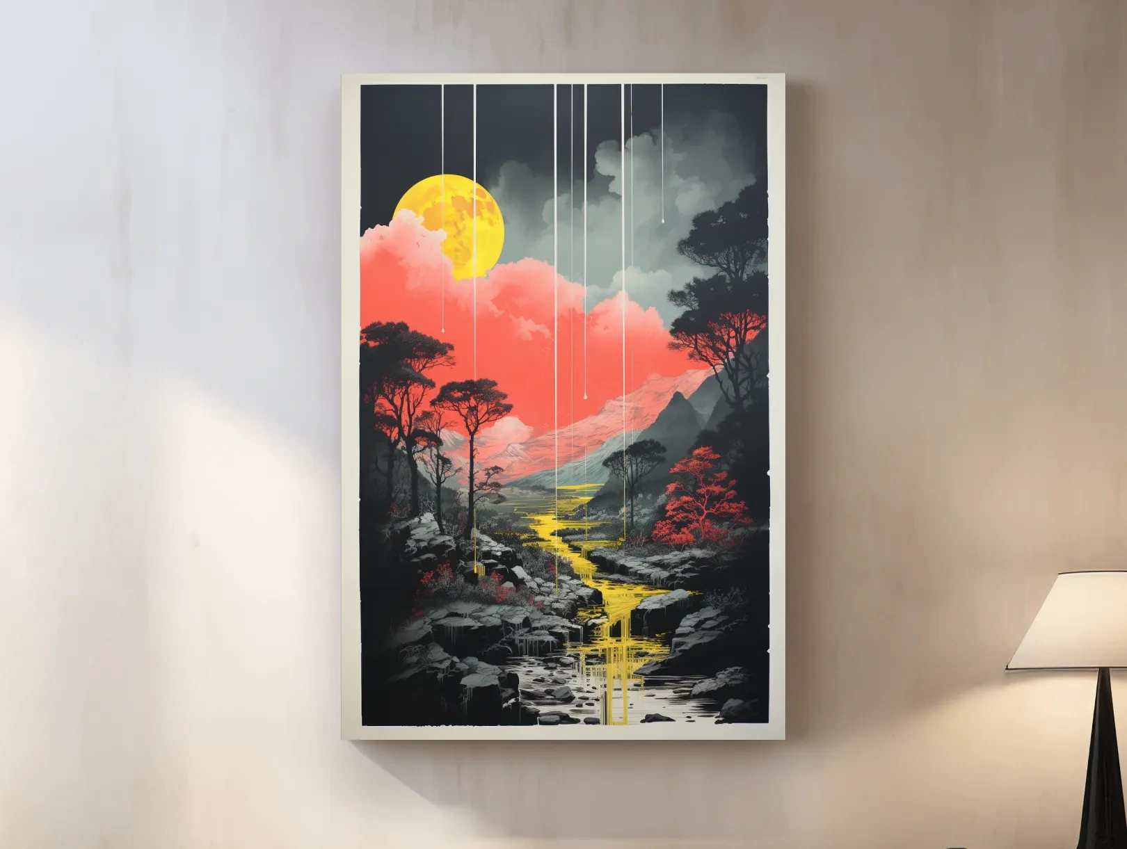 Surreal Moonlit Mountain River Landscape - Fantasy Nature Wall Art