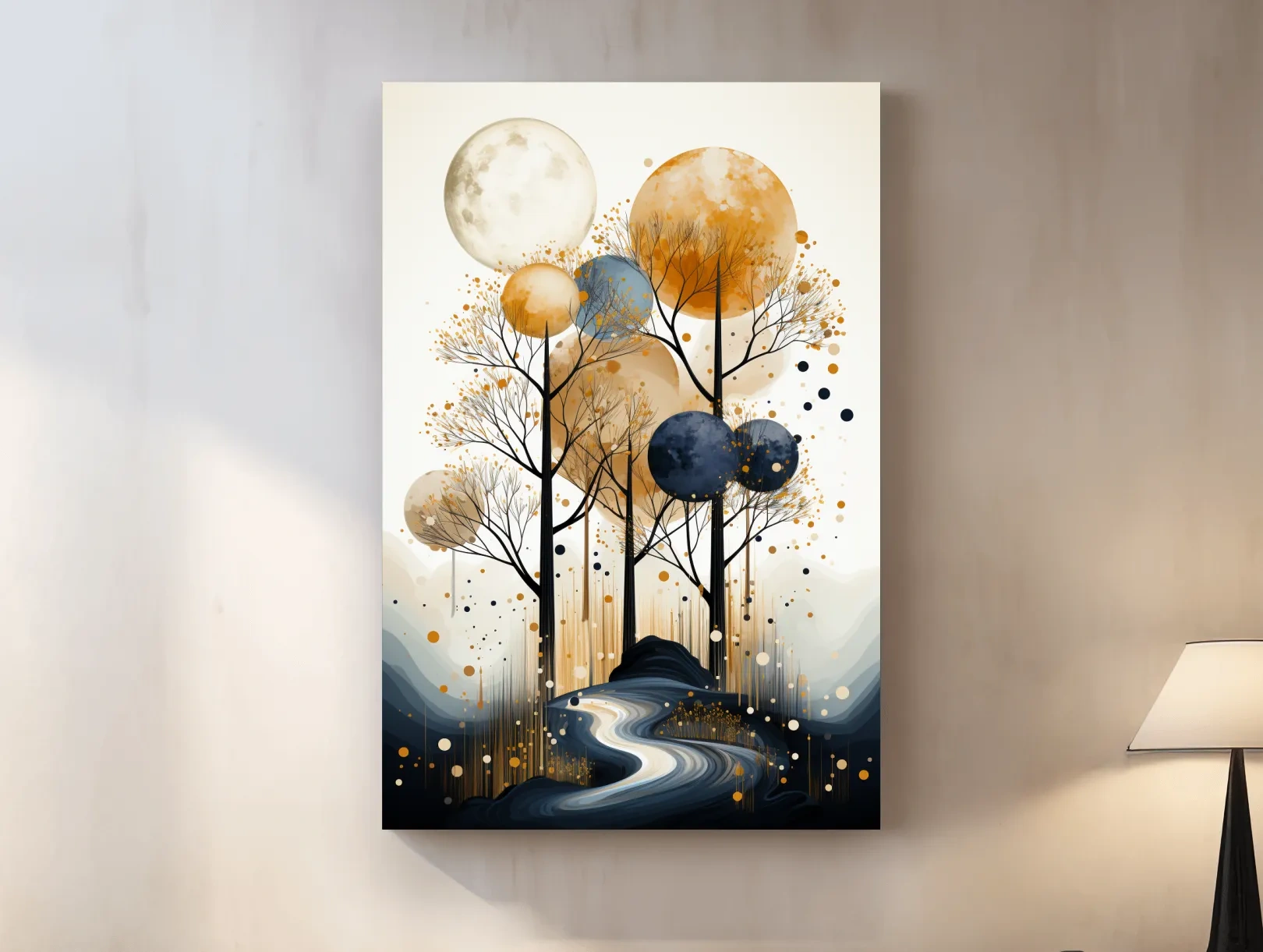 Surreal Golden Moonlit Forest River - Chic Boho Landscape Wall Art