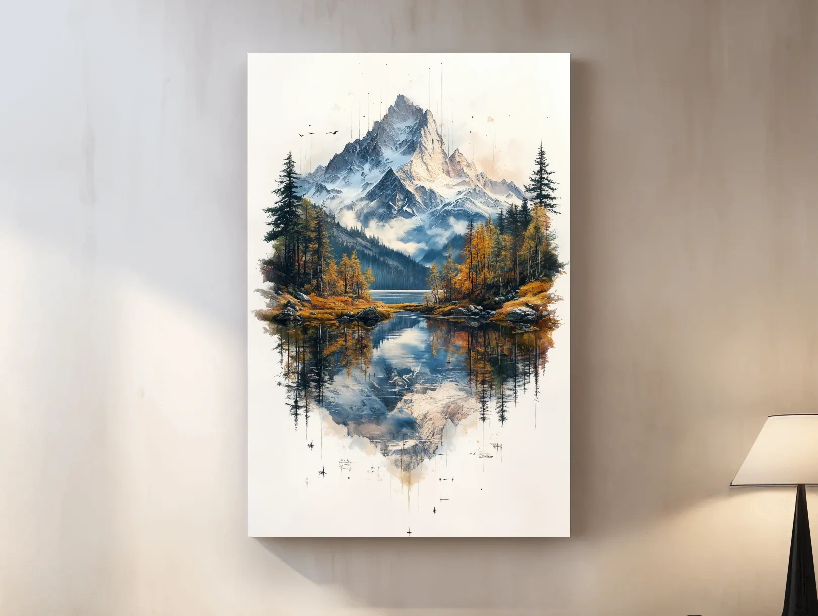 Misty Alpine Mountain Lake Painting - Autumn Pine Forest Tattoo Style Wall Art
