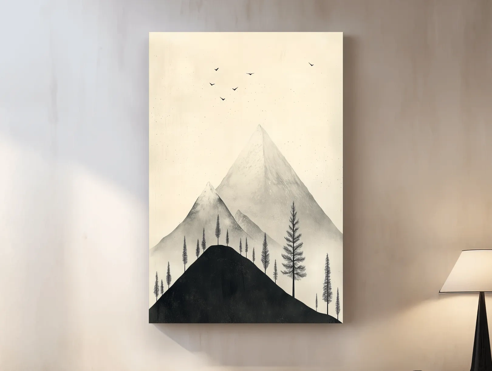 Minimalist Misty Mountain Peaks With Pine Trees - Monochrome Scandinavian Landscape Artwork