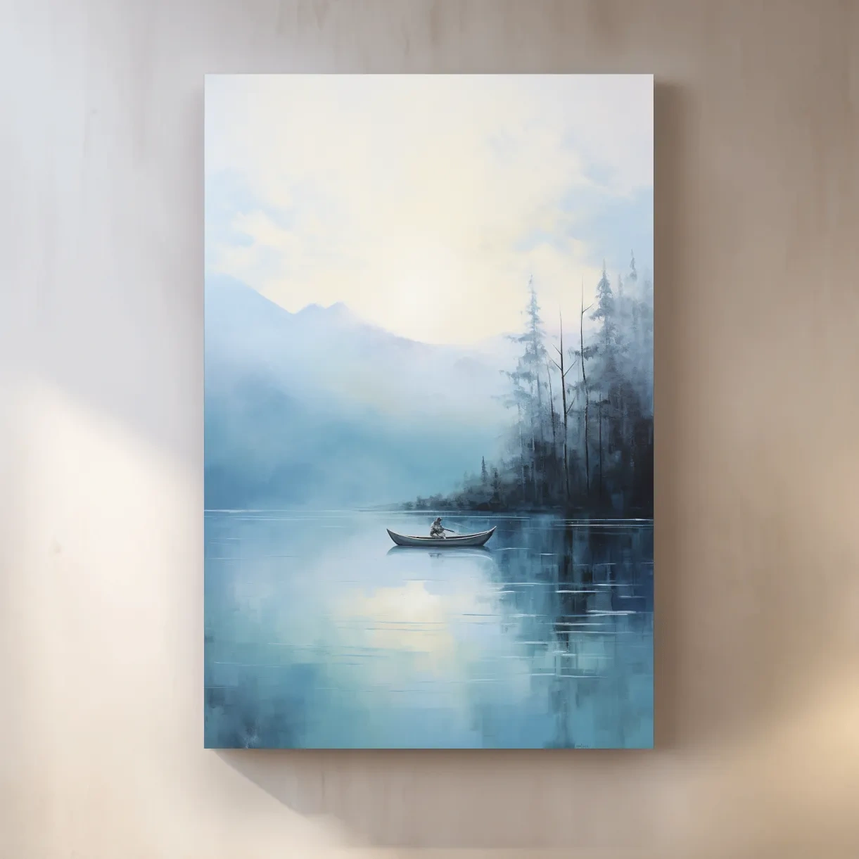 Misty Turquoise Mountain Lake Canoe Painting - Serene Forest Landscape Wall Art