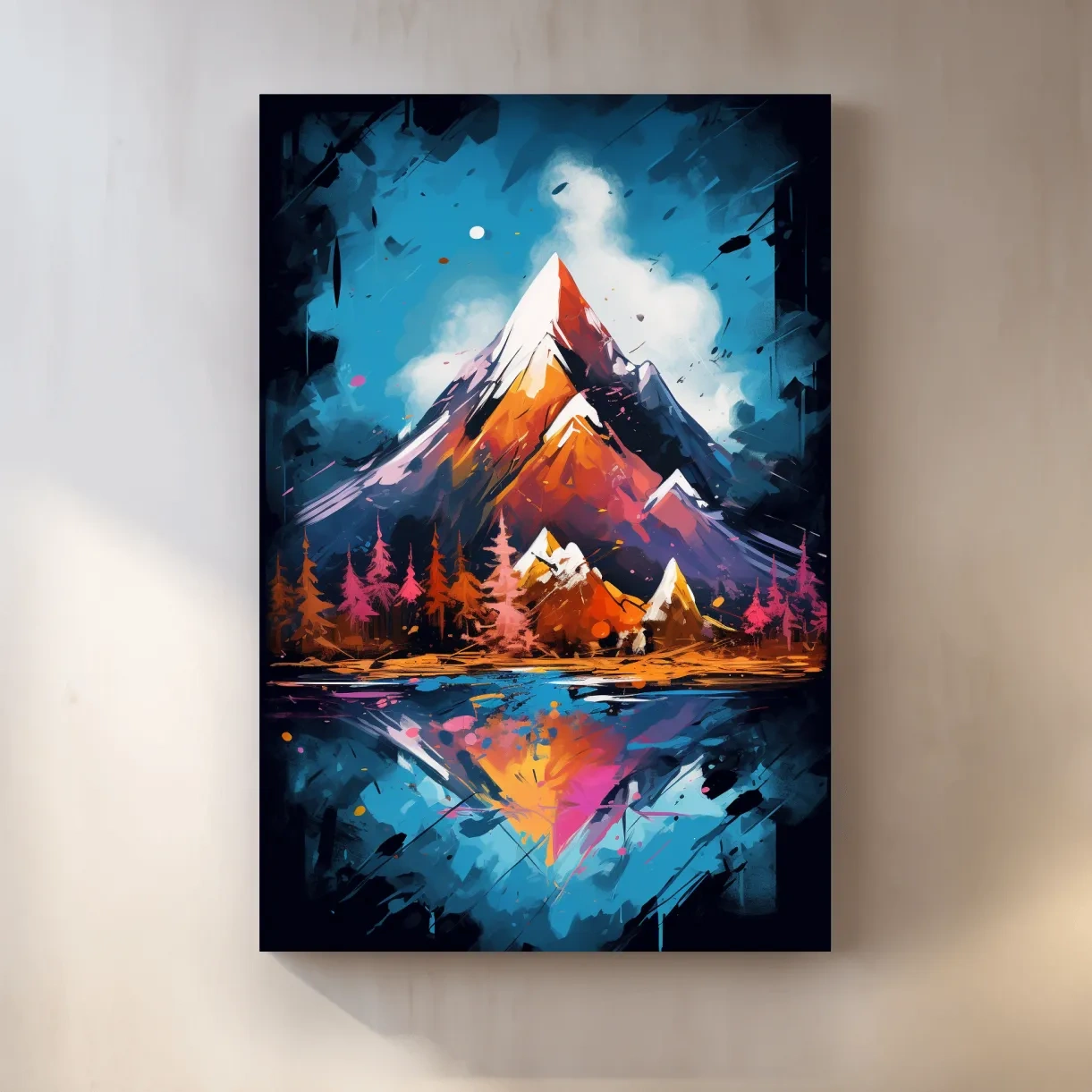 Vibrant Abstract Alpine Lake Painting - Colorful Mountain Forest Wall Art
