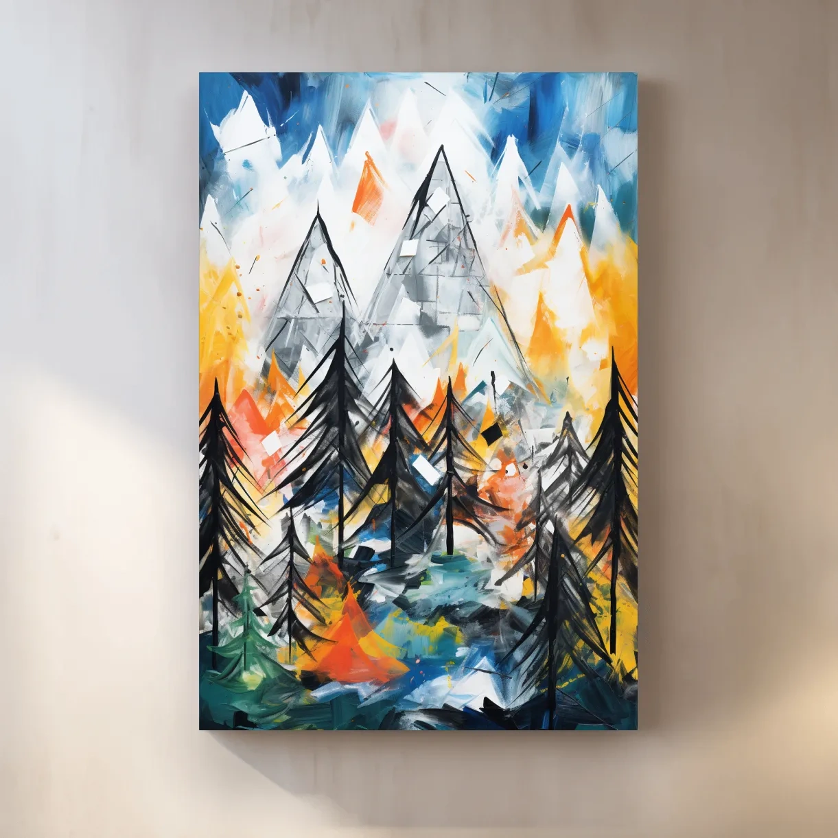 Abstract Alpine Mountain Peaks Painting - Colorful Energetic Pine Forest Landscape Wall Art