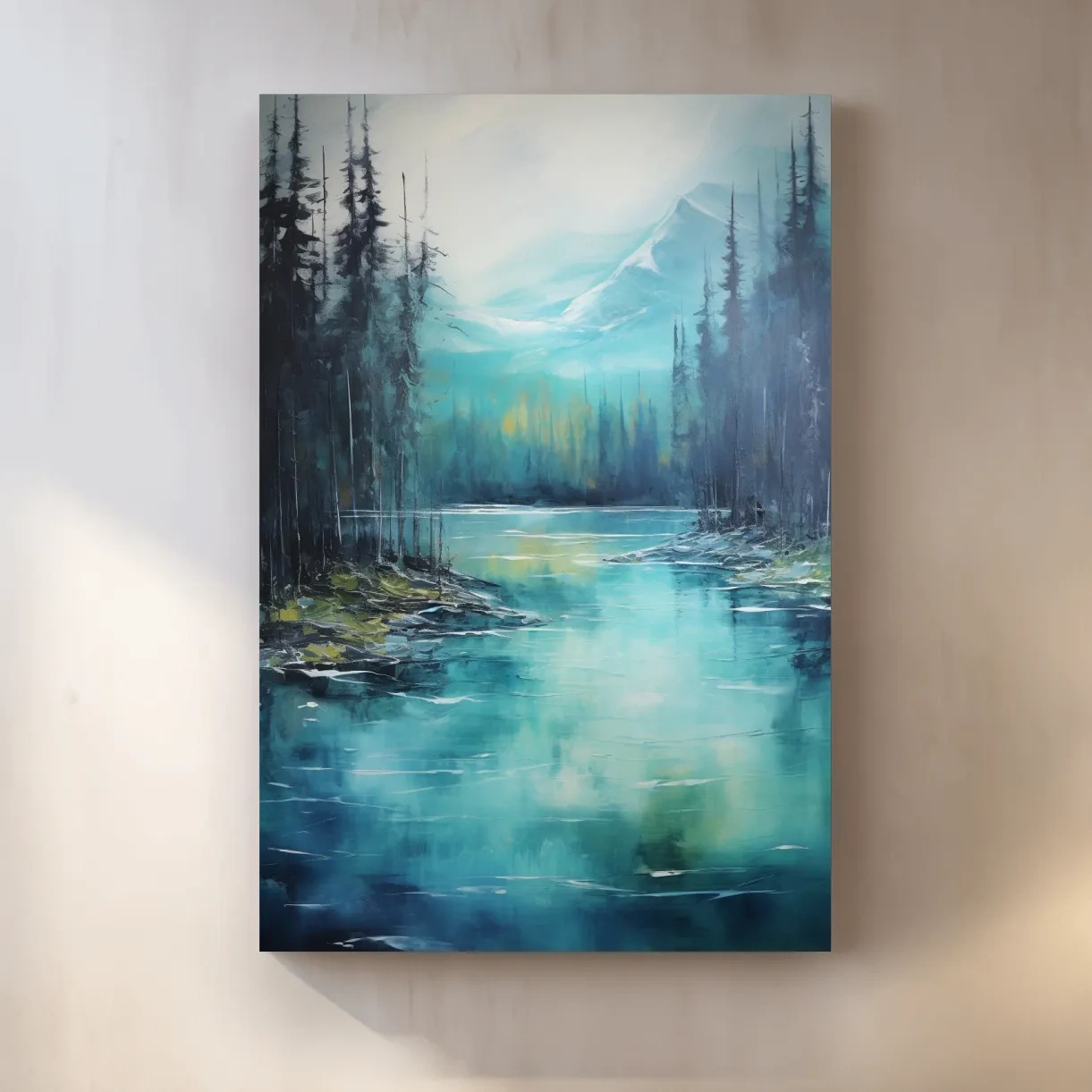 Misty Mountain Lake Reflection - Serene Forest Oil Panting Wall Art