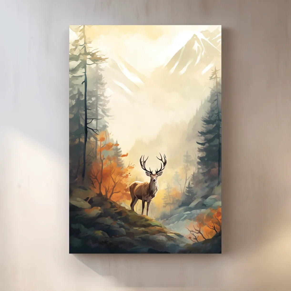Majestic Stag In Misty Mountain Forest - Autumn Watercolor Wildlife Wall Art