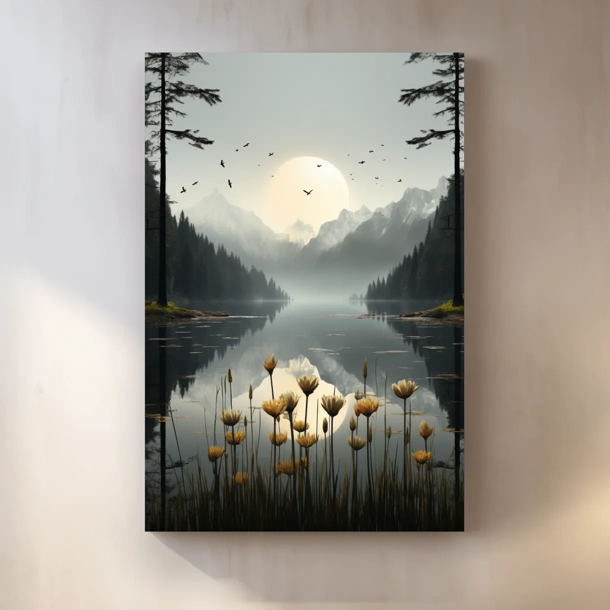 Misty Alpine Lake Sunrise With Wildflowers - Serene Mountain Landscape Wall Art