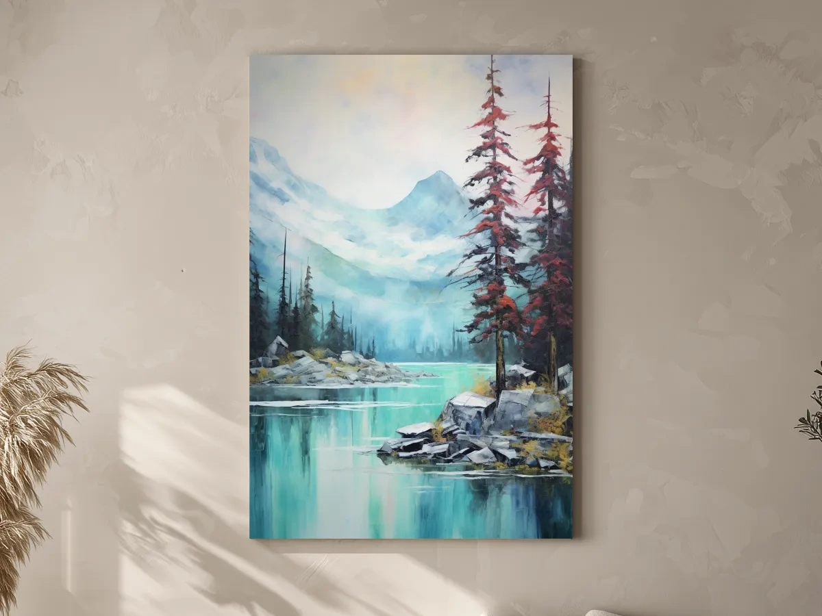 Misty Turquoise Alpine Lake Watercolor - Serene Mountain Landscape Wall Art