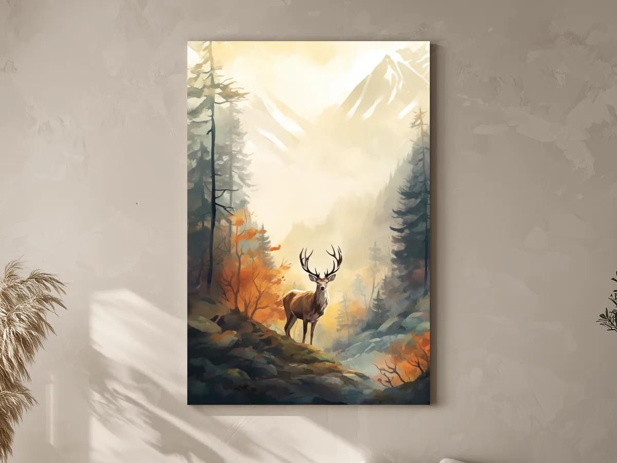 Majestic Stag In Misty Mountain Forest - Autumn Watercolor Wildlife Wall Art