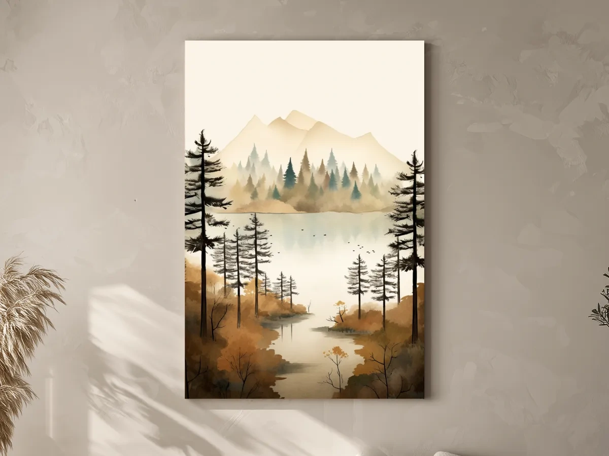Misty Watercolor Mountain Lake Forest - Serene Alpine Wall Art