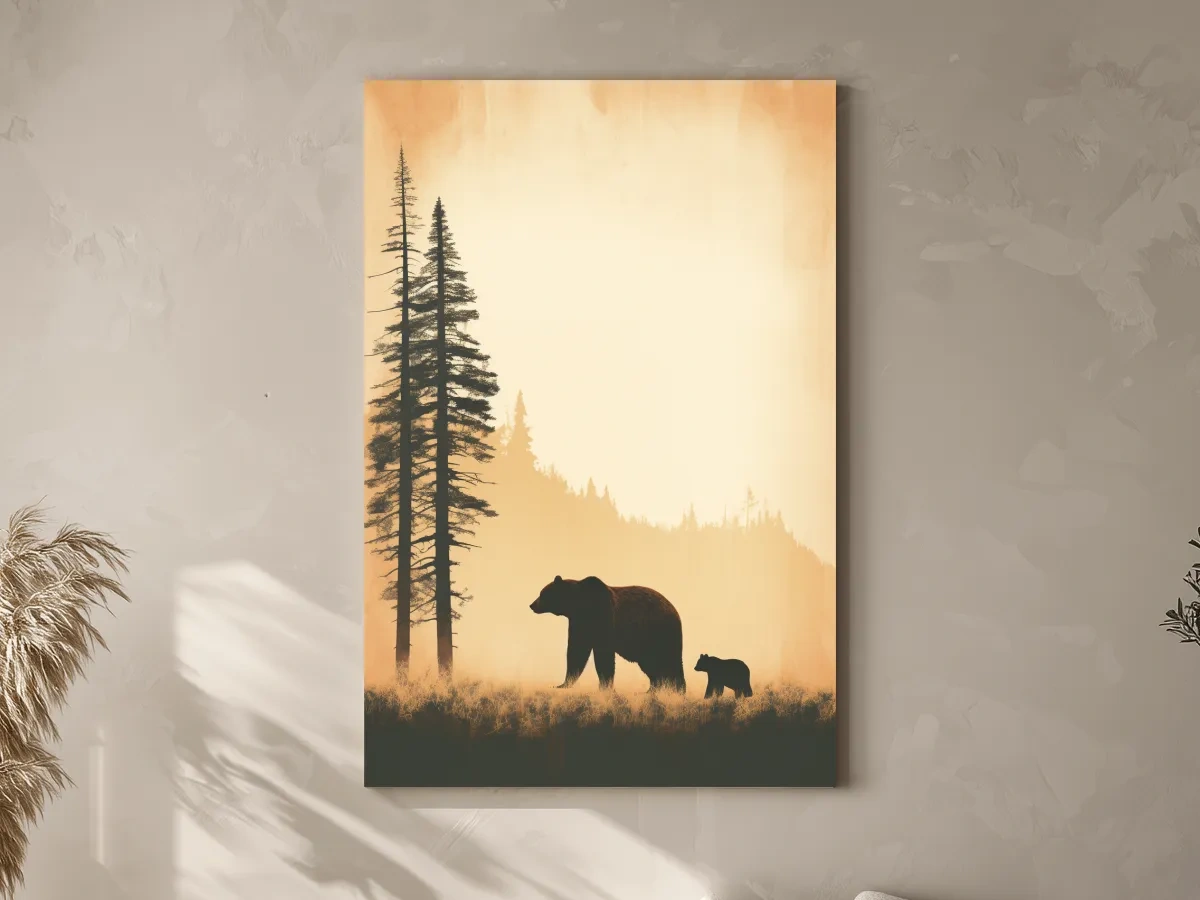 Grizzly Bear And Cub Silhouettes - Misty Forest Minimalist Wall Art