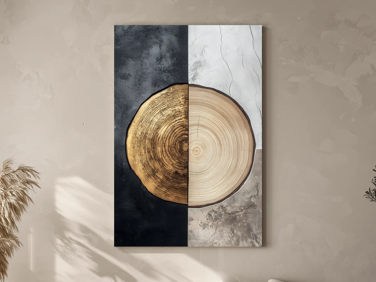 Split Marble And Charcoal Wood Slice - Modern Rustic Tree Ring Wall Art