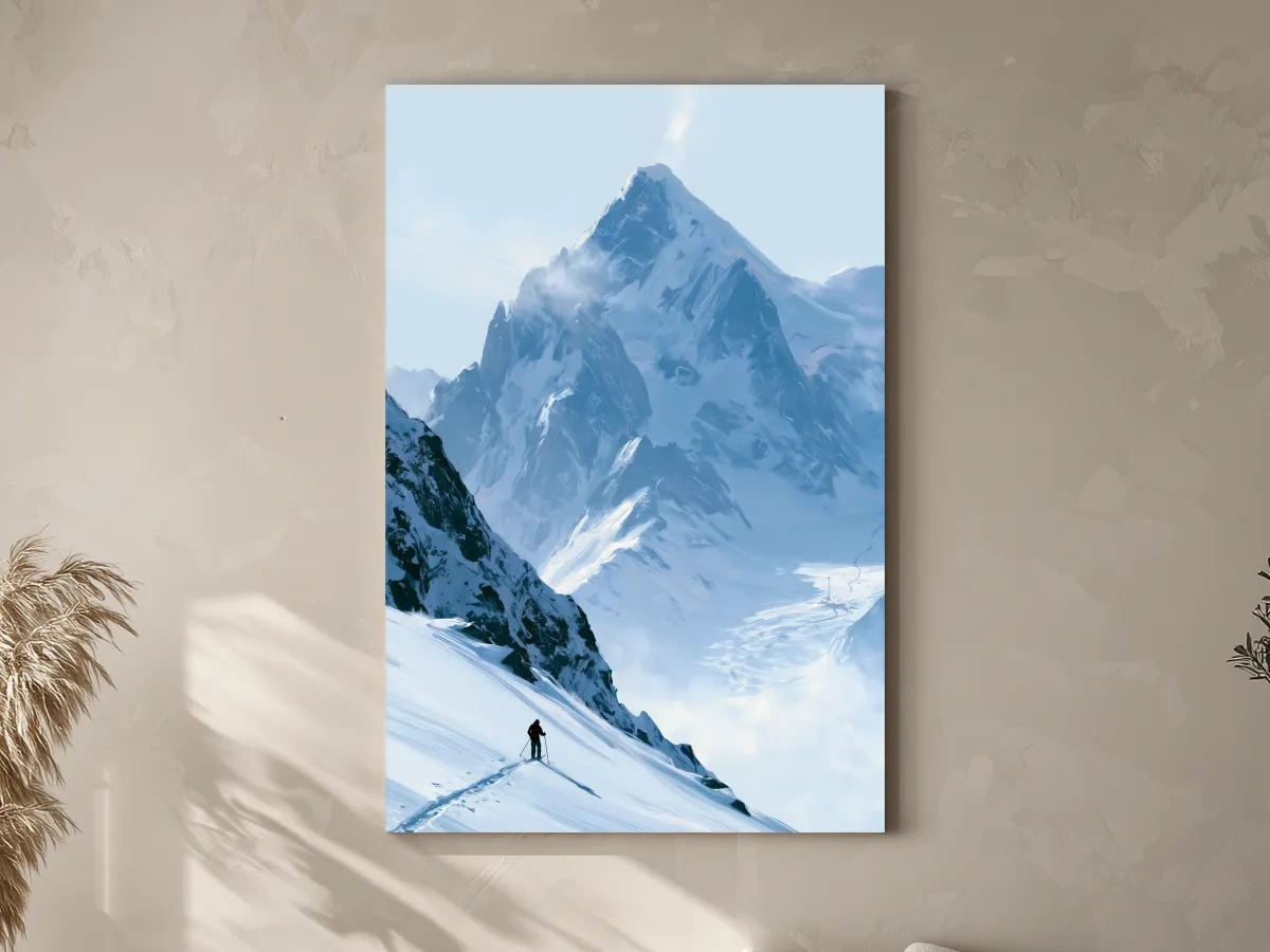 Backcountry Skier Alpine Peak Landscape - Minimalist Winter Mountain Wall Art
