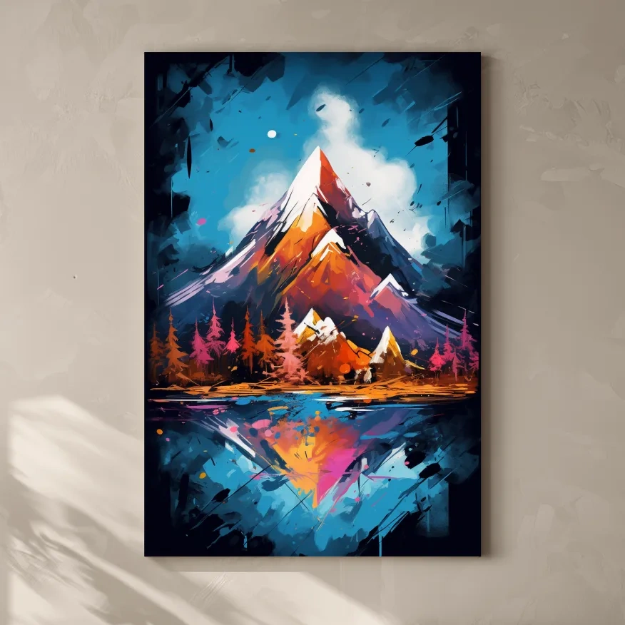 Vibrant Abstract Alpine Lake Painting - Colorful Mountain Forest Wall Art