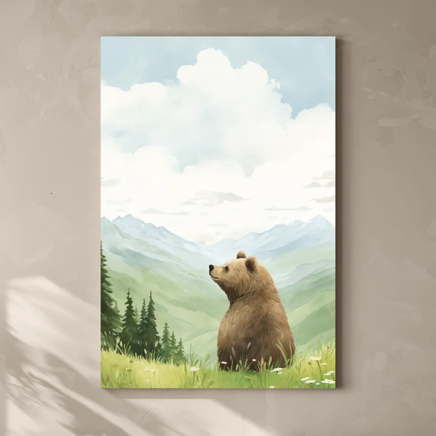 Whimsical Watercolor Bear In Mountain Meadow - Serene Nursery Wildlife Art
