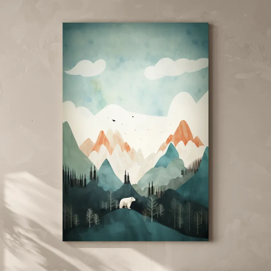 Whimsical Bear Alpine Mountain Landscape - Childrens Nursery Wall Art