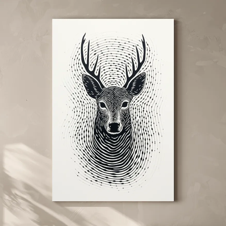 Psychedelic Deer Head Fingerprint Line Art - Black And White Wildlife Wall Art