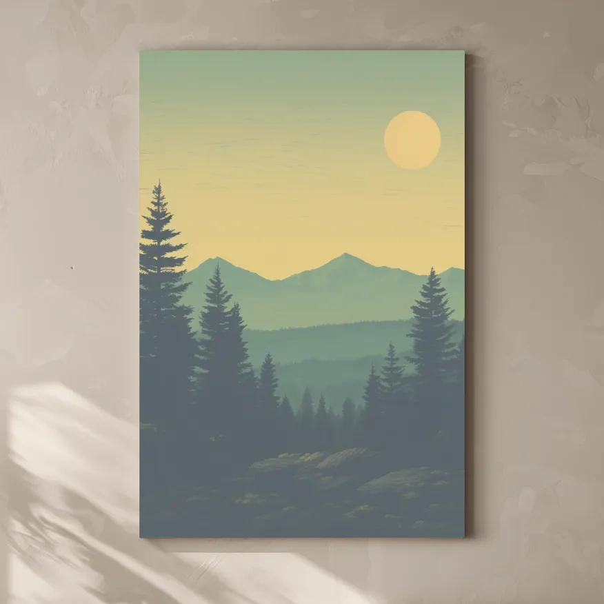 Minimalist Hazy Mountain Sunrise Landscape - Serene Alpine Forest Wall Art