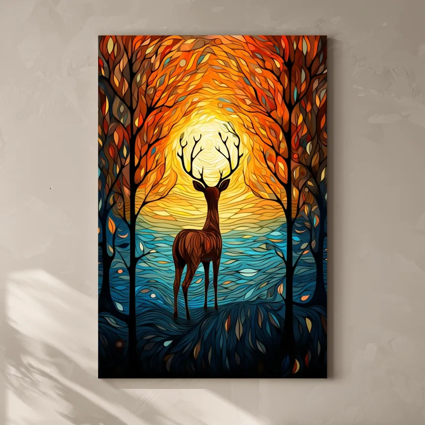 Glowing Autumn Forest Deer Silhouette - Vibrant Stained Glass Style Wall Art