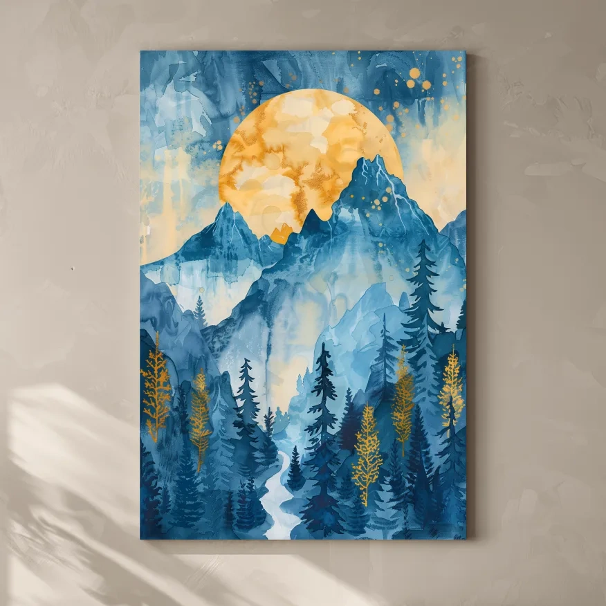 Alpine Sunset Watercolor Painting - Mountain Forest Landscape Wall Art
