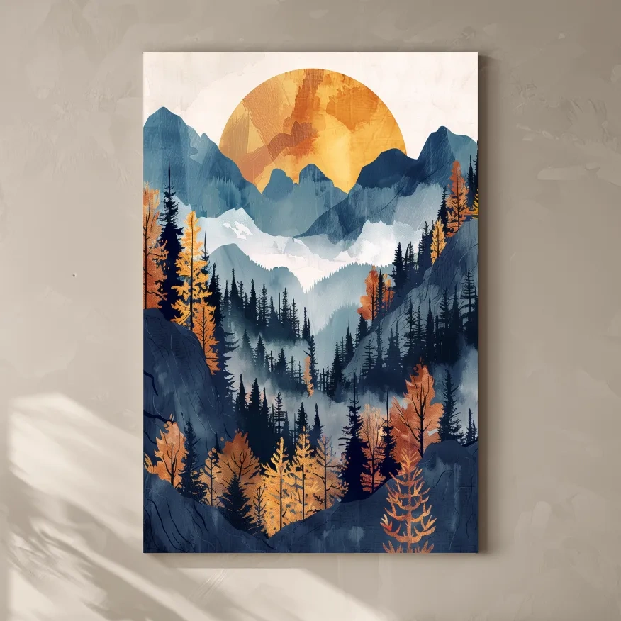 Foggy Autumn Alpine Forest Sunset - Modern Watercolor Mountain Wall Art