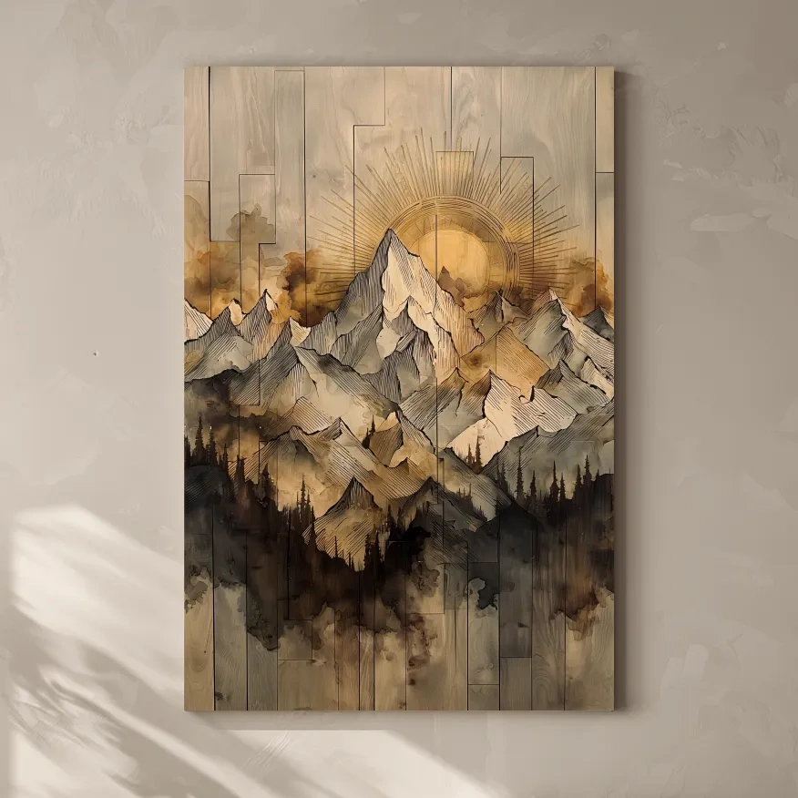 Sunrise Alpine Mountain Range Illustration - Rustic Watercolor Landscape Wall Art