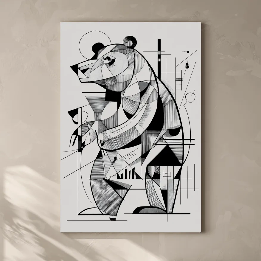 Cubism Abstract Bear Artwork - Modern Black And White Wildlife Wall Art