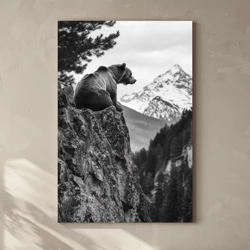 Black And White Grizzly Bear Photographic Artwork - Alpine Wildlife Wall Art