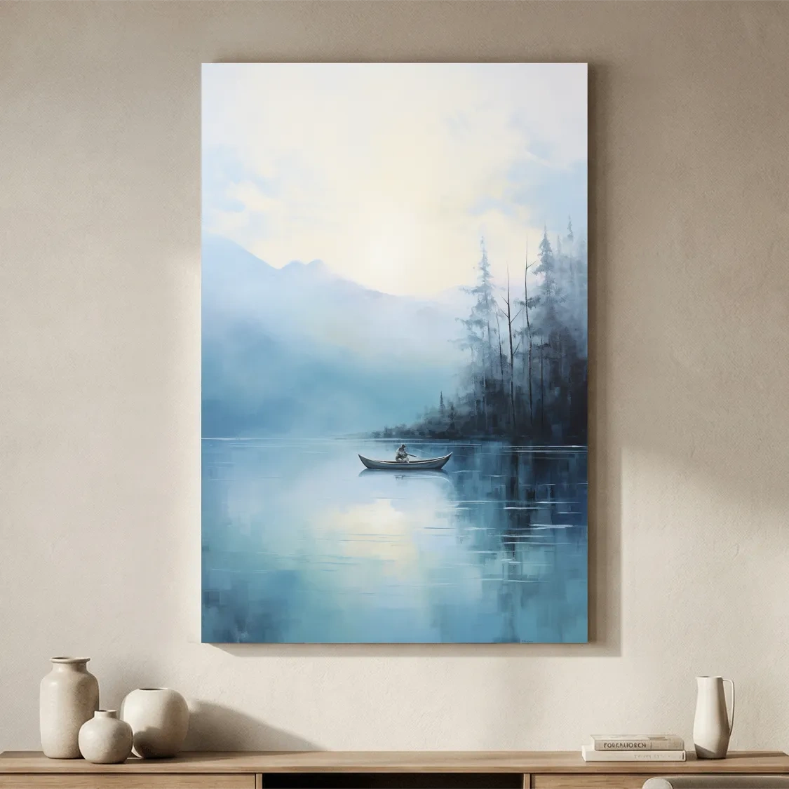 Misty Turquoise Mountain Lake Canoe Painting - Serene Forest Landscape Wall Art
