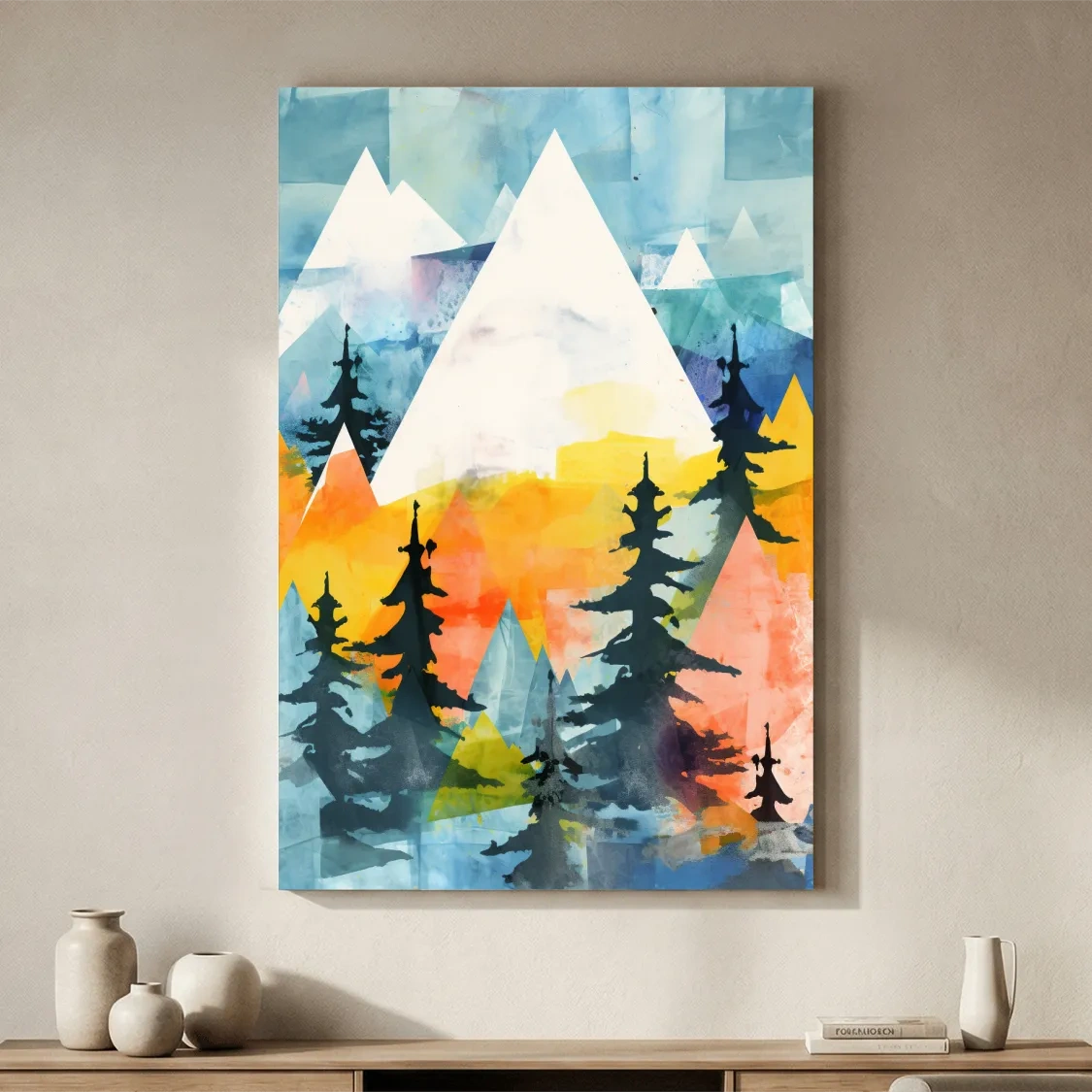 Rustic Watercolor Mountains And Pine Forest - Vibrant Alpine Landscape Wall Art