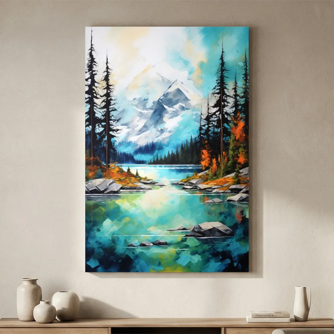Turquoise Alpine Lake Mountain Painting - Colorful Watercolor Forest Wall Art