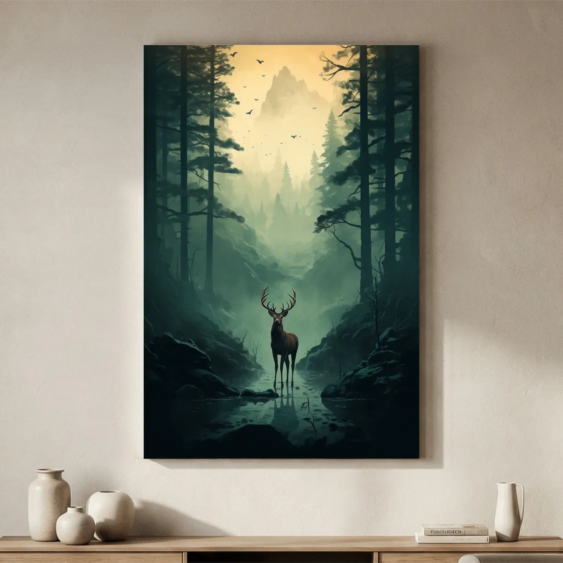 Moody Misty Forest Deer Stag Landscape - Atmospheric Wildlife Mountain Wall Art