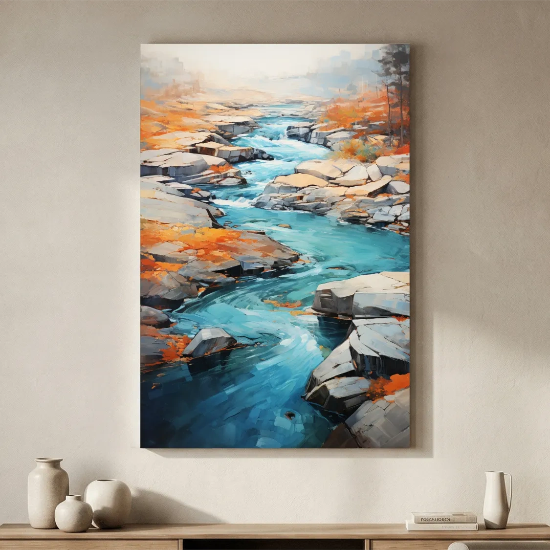 Vibrant Turquoise River Through Rocky Canyon - Modern Impressionist Landscape Wall Art