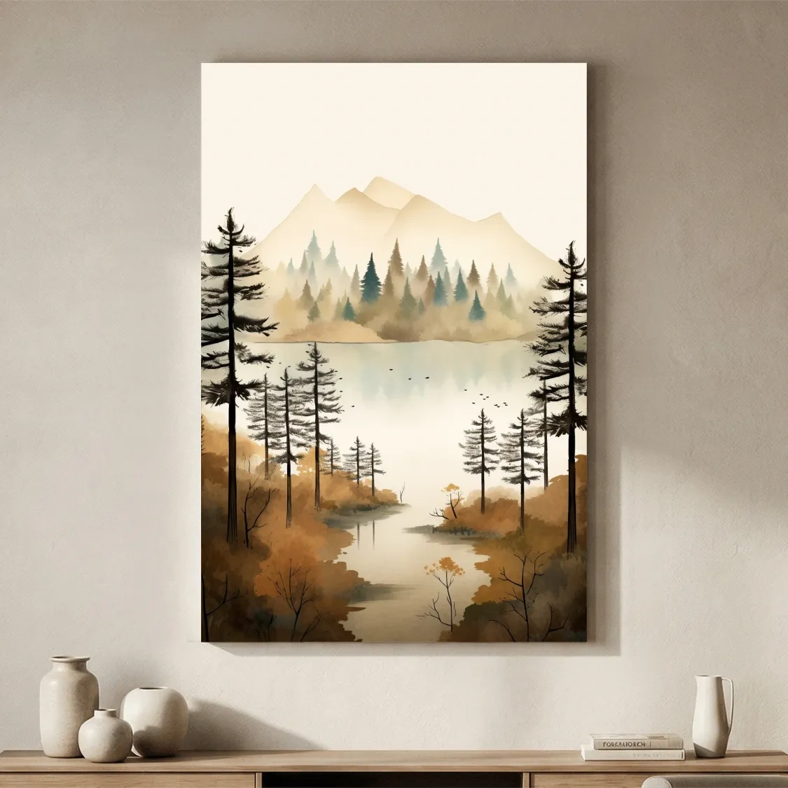 Misty Watercolor Mountain Lake Forest - Serene Alpine Wall Art