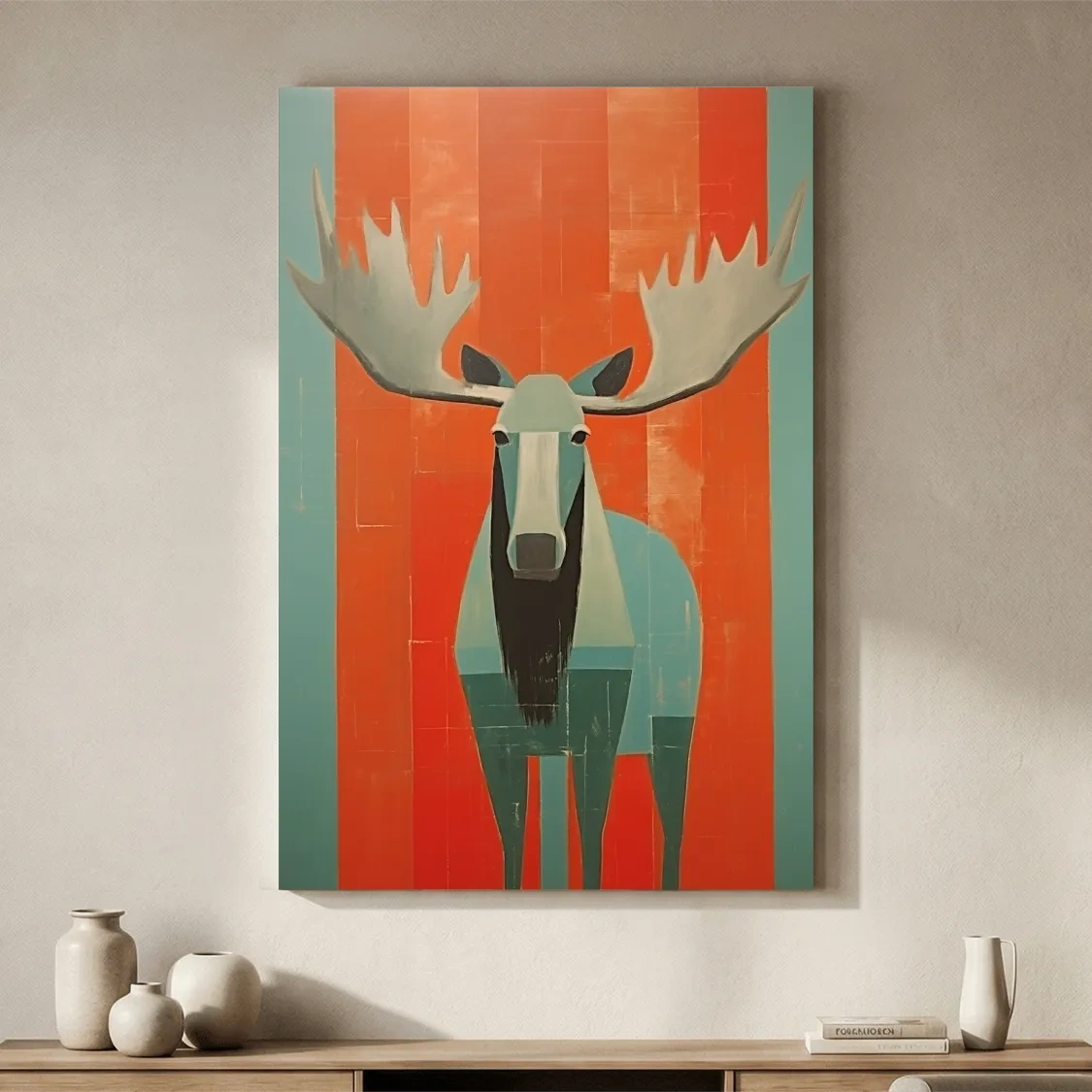 Mid Century Modern Rustic Moose Portrait Painting -  Wildlife Wall Art