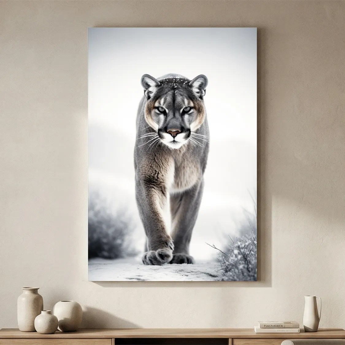 Snowy Cougar Close Up Wildlife Portrait - Winter Nature Wall Art