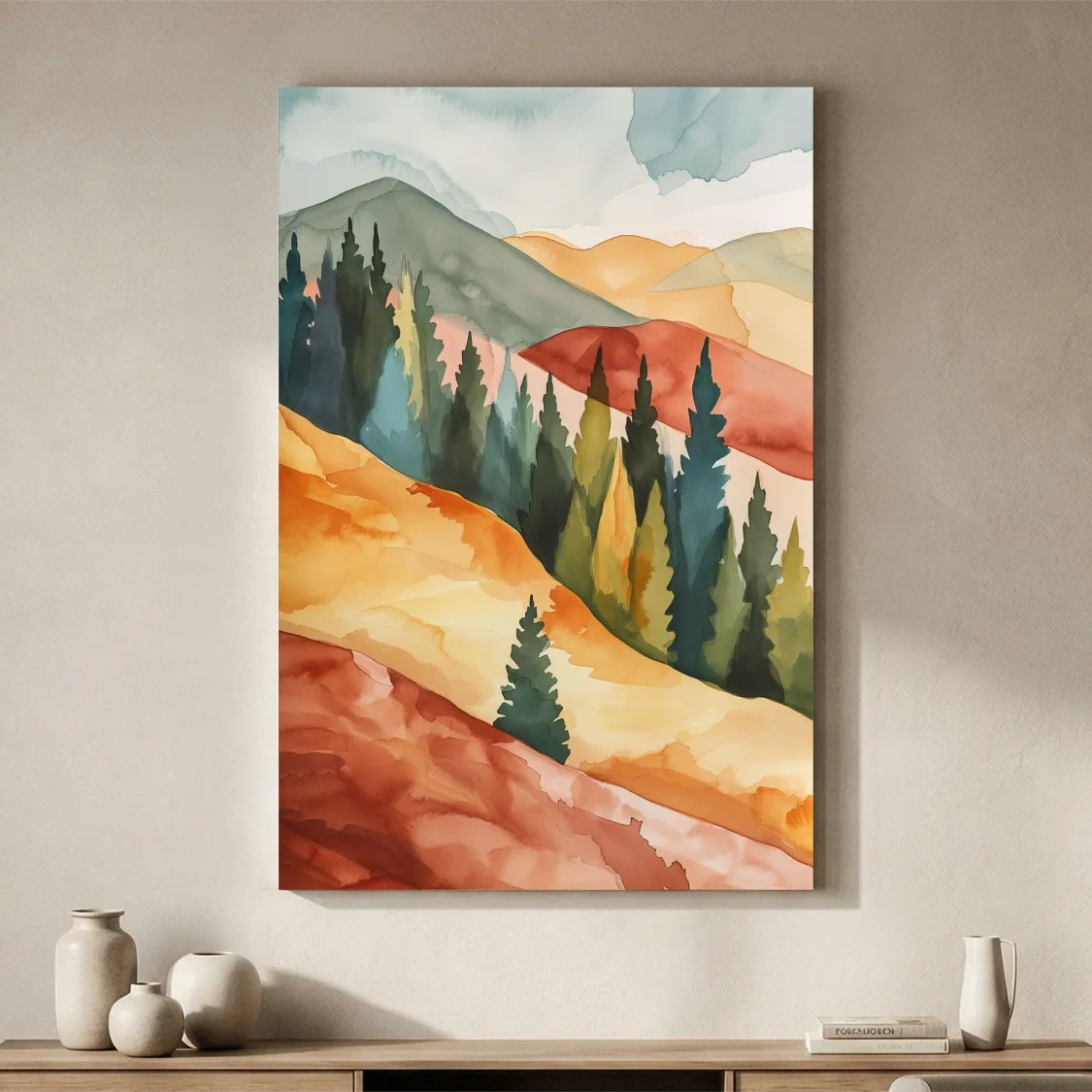 Rustic Autumn Watercolor Mountains & Pine Forest - Serene Abstract Landscape Wall Art