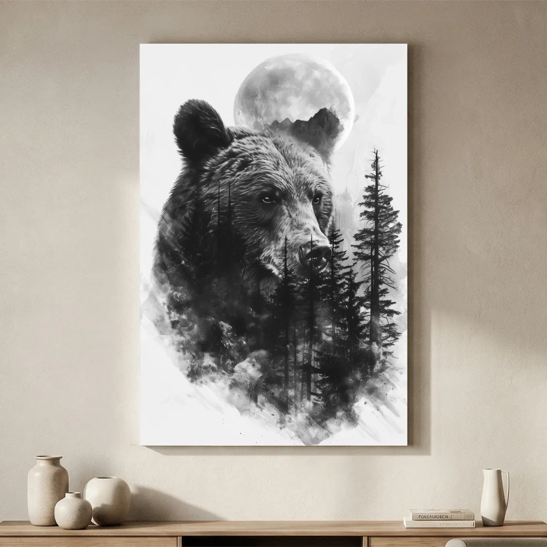 Grizzly Bear Moon Forest Drawing - Black And White Double Exposure Wildlife Wall Art