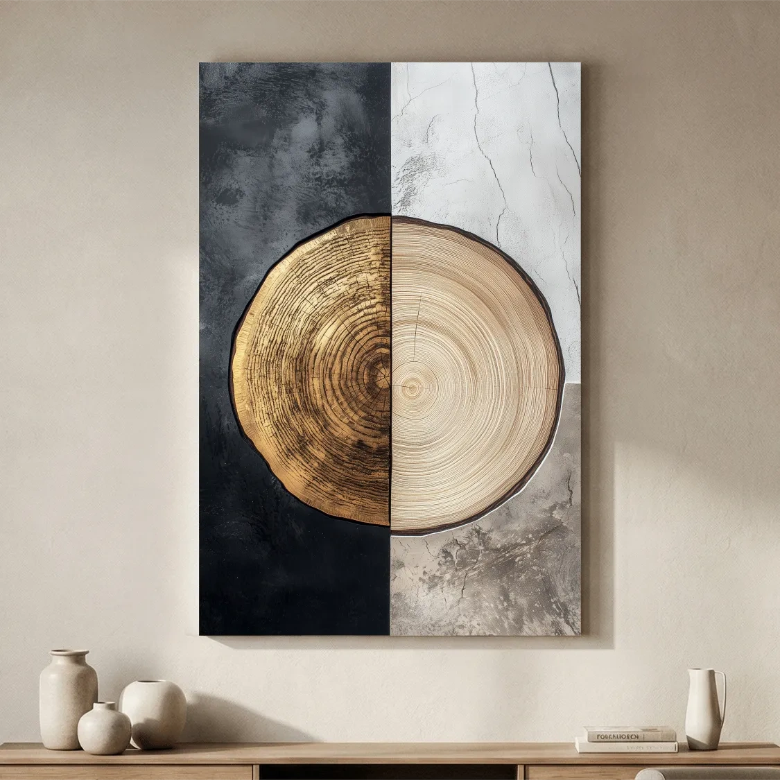 Split Marble And Charcoal Wood Slice - Modern Rustic Tree Ring Wall Art