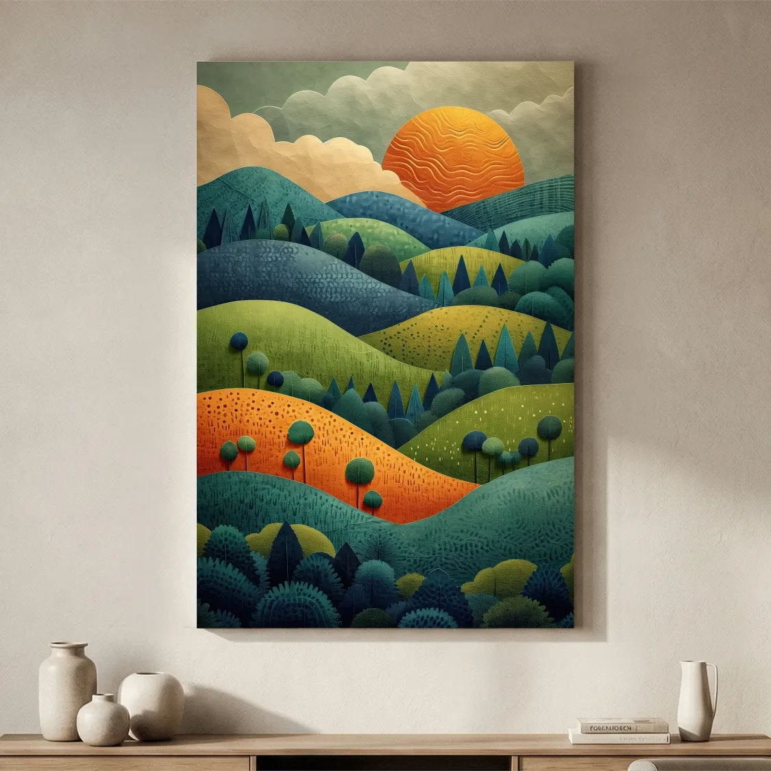 Layered Mountain Sunset Landscape - Mid Century Modern Forest Wall Art