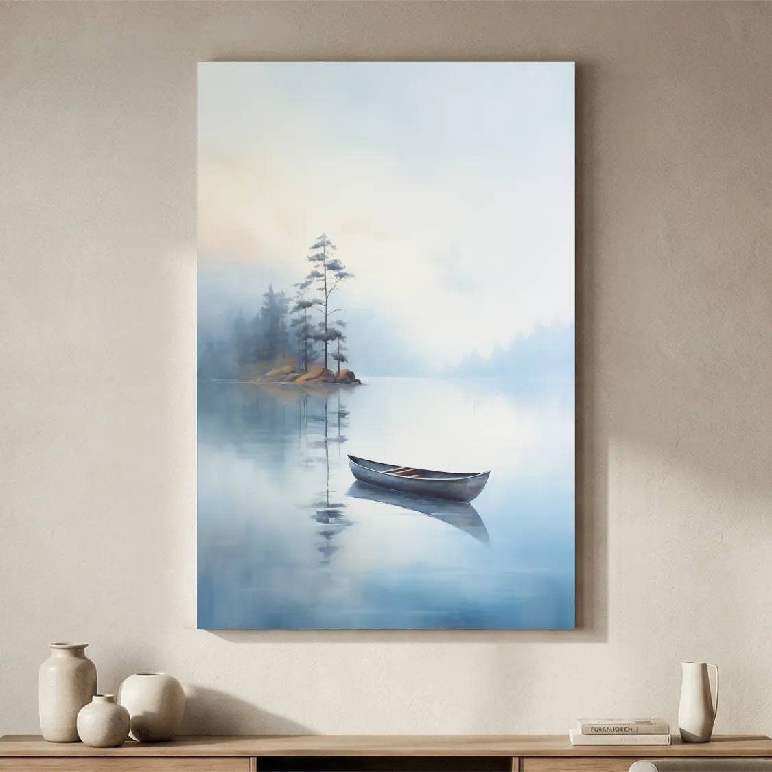 Misty Lake Canoe Painting - Serene Minimalist Watercolor Wall Art