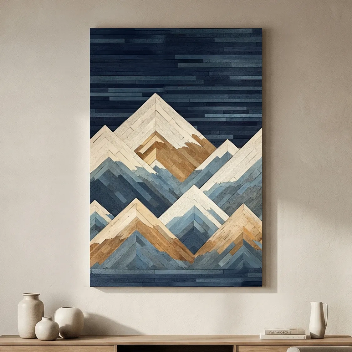 Geometric Layered Mountain Peaks - Wood Texture Landscape Wall Art
