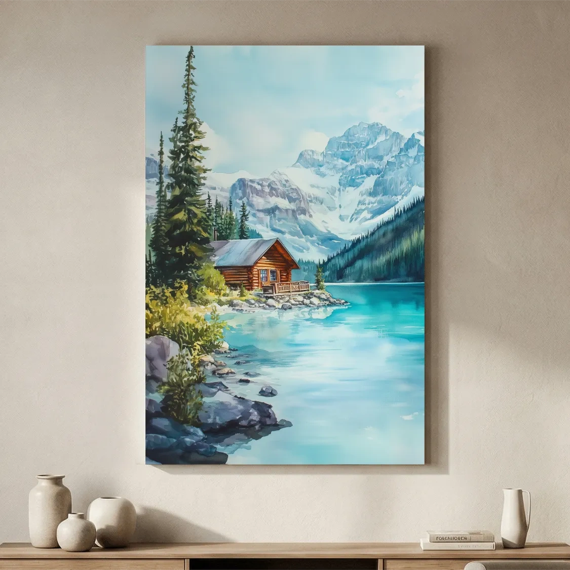Turquoise Alpine Lake Cabin Watercolor - Serene Snowy Mountain Wall Art