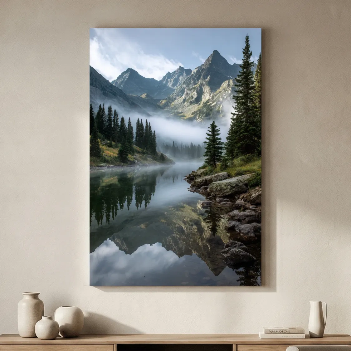 Misty Alpine Lake Photography - Serene Mountain Forest Wall Art