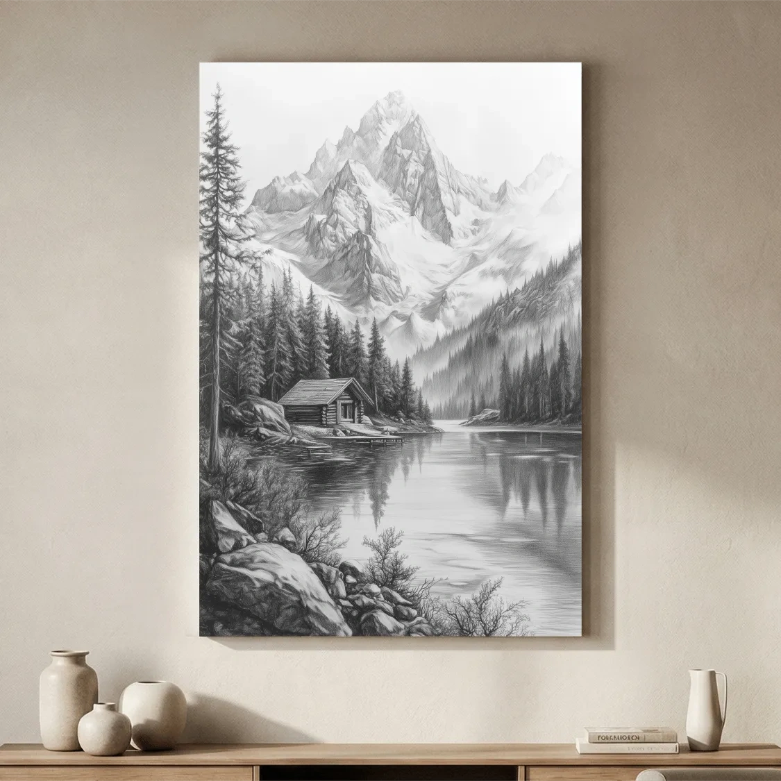 Monochrome Alpine Lake Cabin Sketch Art - Mountain Drawing Wall Art