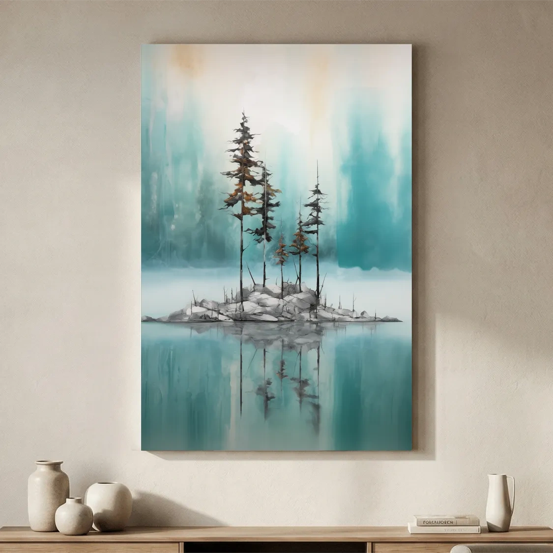 Misty Pine Trees Reflection - Watercolor Turquoise Alpine Lake Wall Art