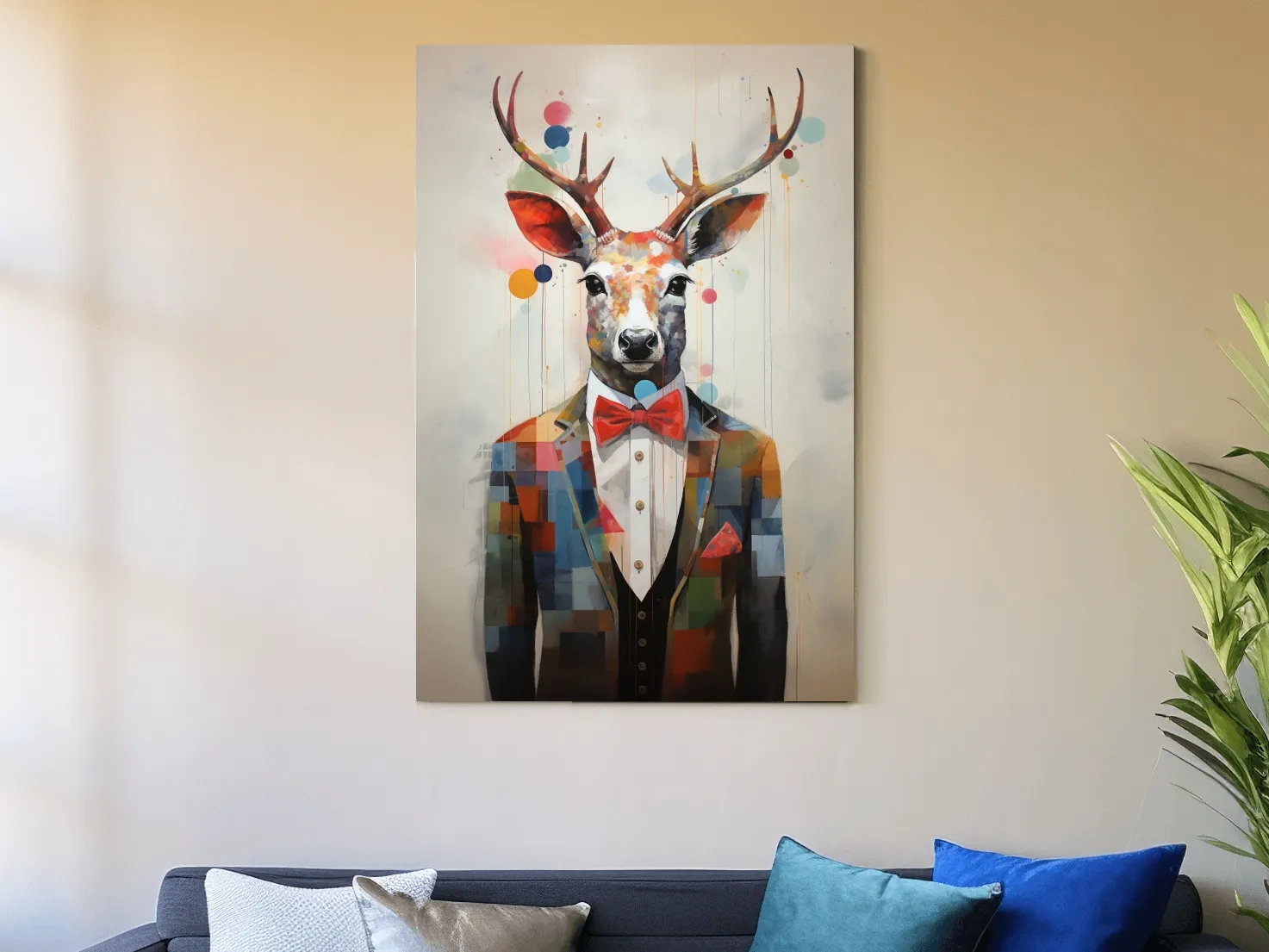 Dapper Watercolor Deer Tuxedo Portrait - Colorful Modern Wildlife Wall Art