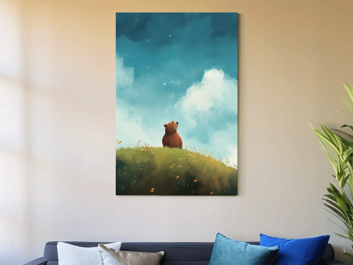 Whimsical Bear Cub Meadow Illustration - Cute Woodland Nursery Wall Art