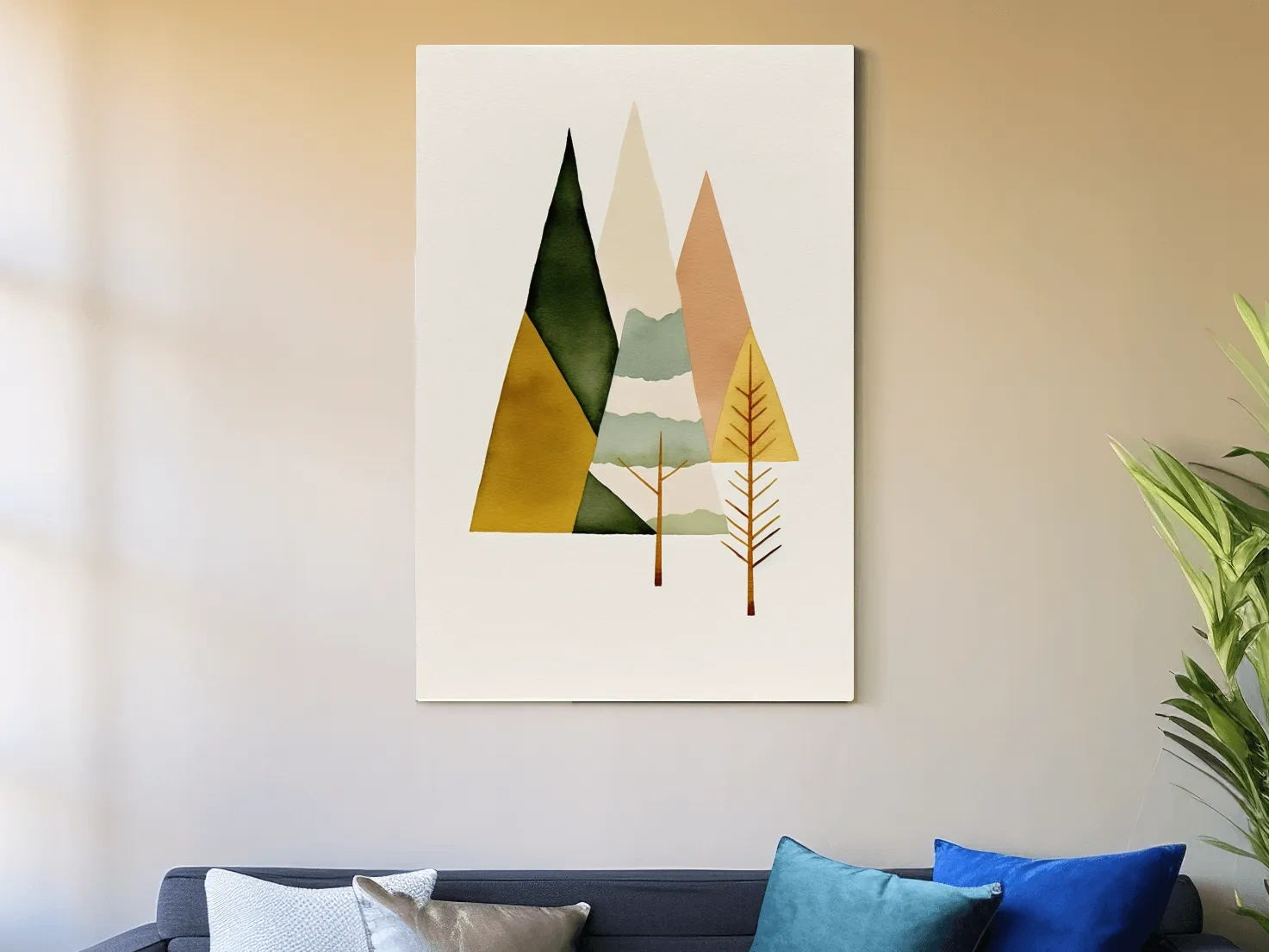 Minimalist Scandinavian Geometric Mountains - Modern Watercolor Forest Landscape Wall Art